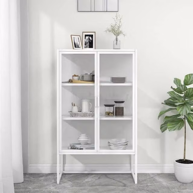 Berkfield Home Modern White Highboard with Glass Doors and Internal Shelves, W/D/H: 80 x 35 x 135 cm