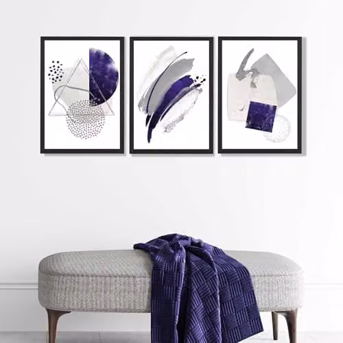 ARTZE Set of 3 Abstract Purple and Grey Wall Art with Black Wood Frames, W: 33 cm, H: 45 cm, D: 2 cm