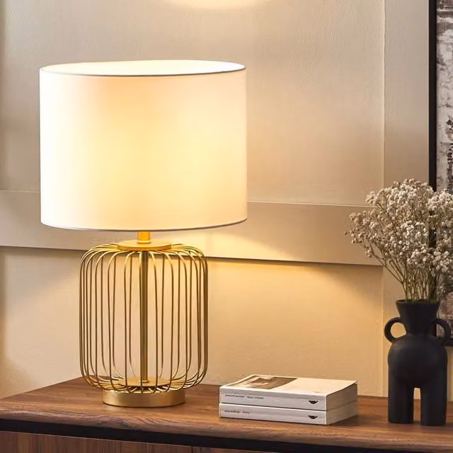 Wyld and Coco Gold Cage Table Lamp with White Fabric Shade, W/D/H: 35 x 35 x 58 cm