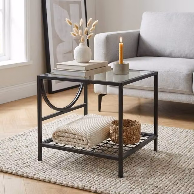 Garden Greatness Relica Modern Square Side Table with Black Glass and Brown Steel, W/D/H: 45 x 45 x 45 cm
