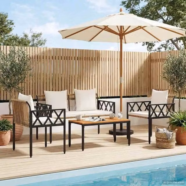Berkfield Home 4-Piece Modern Outdoor Furniture Set in Brown and White with Acacia Wood and Poly Rattan