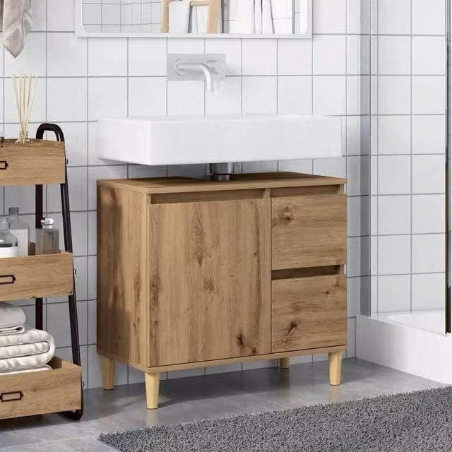 Berkfield Home Artisan Oak Freestanding Sink Cabinet in Brown, W/D/H: 65 x 33 x 60 cm