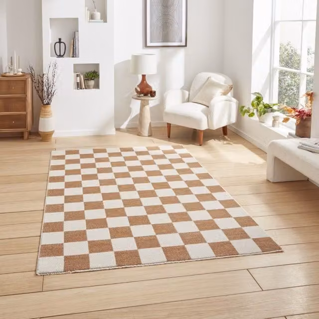 Terrys Modern Checkerboard Rectangular Rug in Brown Polyester