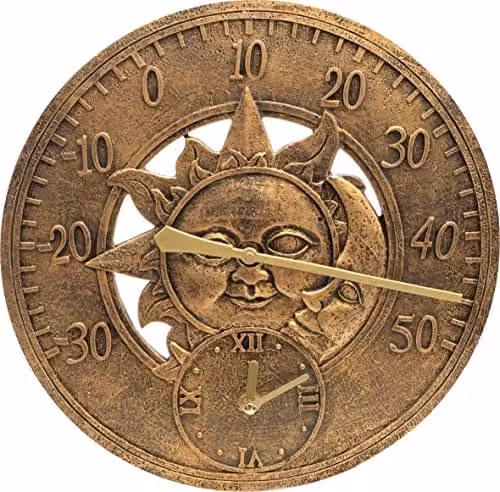 St Helens Home & Garden Vintage Sun and Moon Wall Clock and Thermometer in White and Brown, Diameter: 30 cm