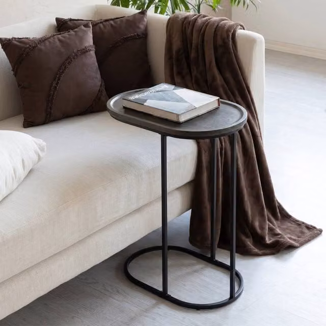 OHS Oval C-Shaped Coffee Table and Sofa Desk in Brown Wood Effect