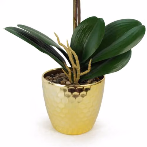 Leaf Design UK 50cm Phalaenopsis Artificial Orchid in a Pink Gold Pot with Purple and White Flowers – 3