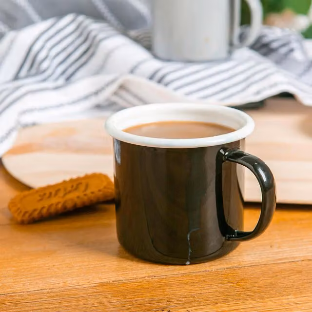 Argon Tableware Pack of 6 Coloured Enamel Mugs, 375ml, Black, White and Green