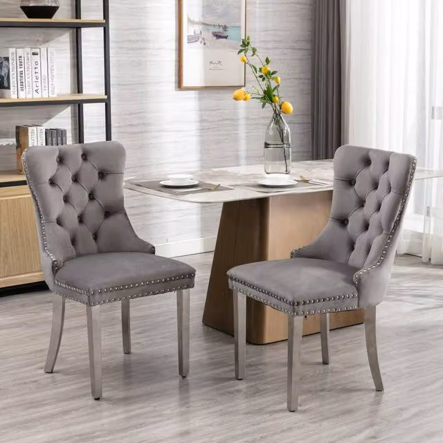 Modern Home Touch Winchester Set of 2 Grey Velvet Upholstered Dining Chairs with Silver Chrome Legs – 1