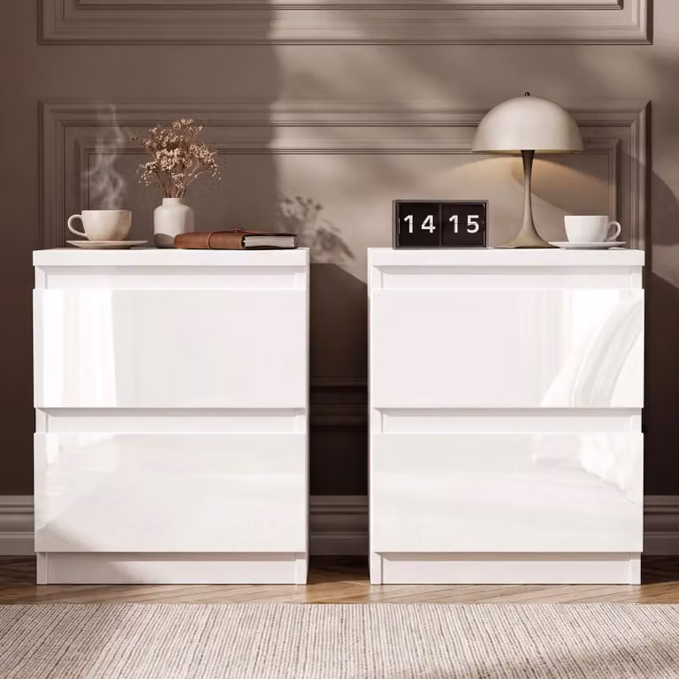 DHS Set of 2 White High Gloss Minimalist Bedside Tables with 2 Drawers