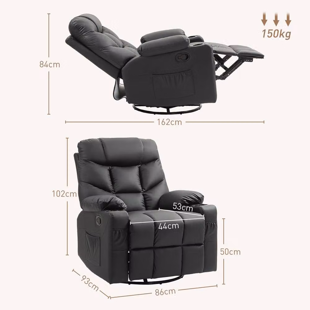 STILVORA Black Synthetic Leather Recliner Armchair with Swivel and Cup Holders – 2