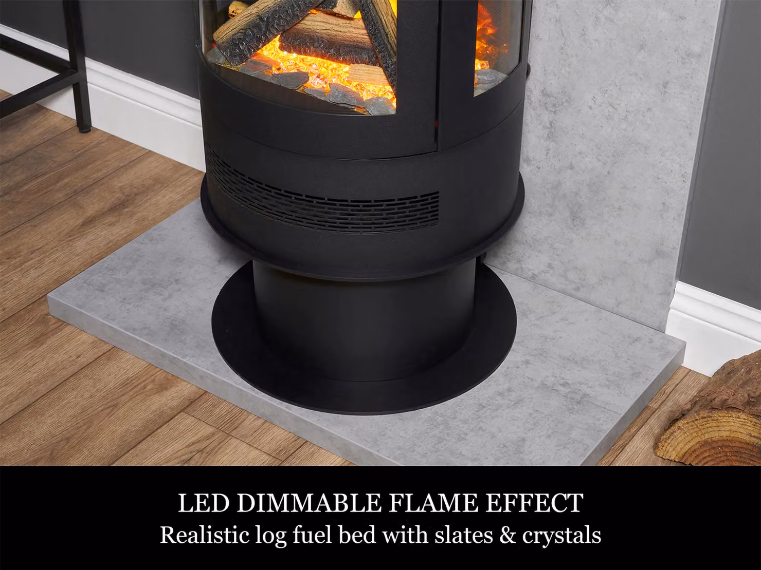 Acantha Fires & Fireplaces Orbit Cylinder Electric Stove in Black with Tall Angled Stove Pipe in Black – 3