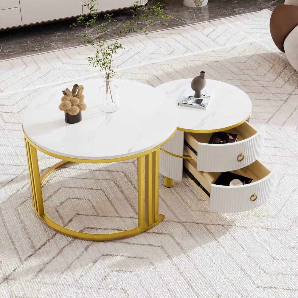 ModernLuxe Round Coffee Table and Side Table Set with White Marble Top and Storage Drawers – 3