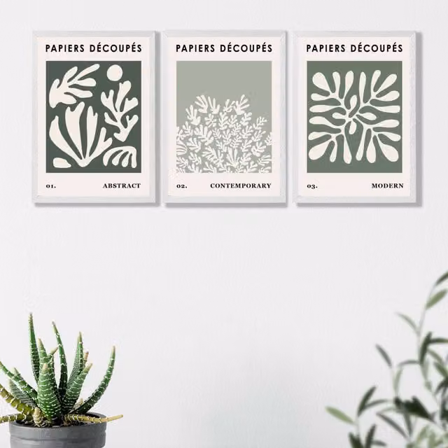 ARTZE Matisse Floral Set of 3 Wall Art Prints in Green, Sage and Beige with White Frame