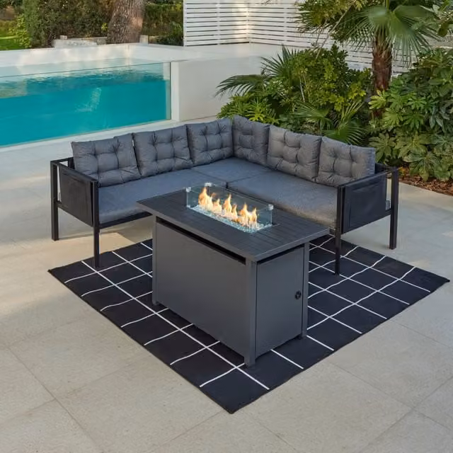 GRS Tara Black L-Shape Garden Sofa Set with Optional Fire Pit Table in Grey and Black