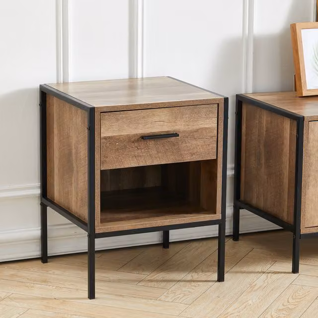 Livingandhome Retro Brown Bedside Table with Metal Frame and Storage Shelf and Drawer