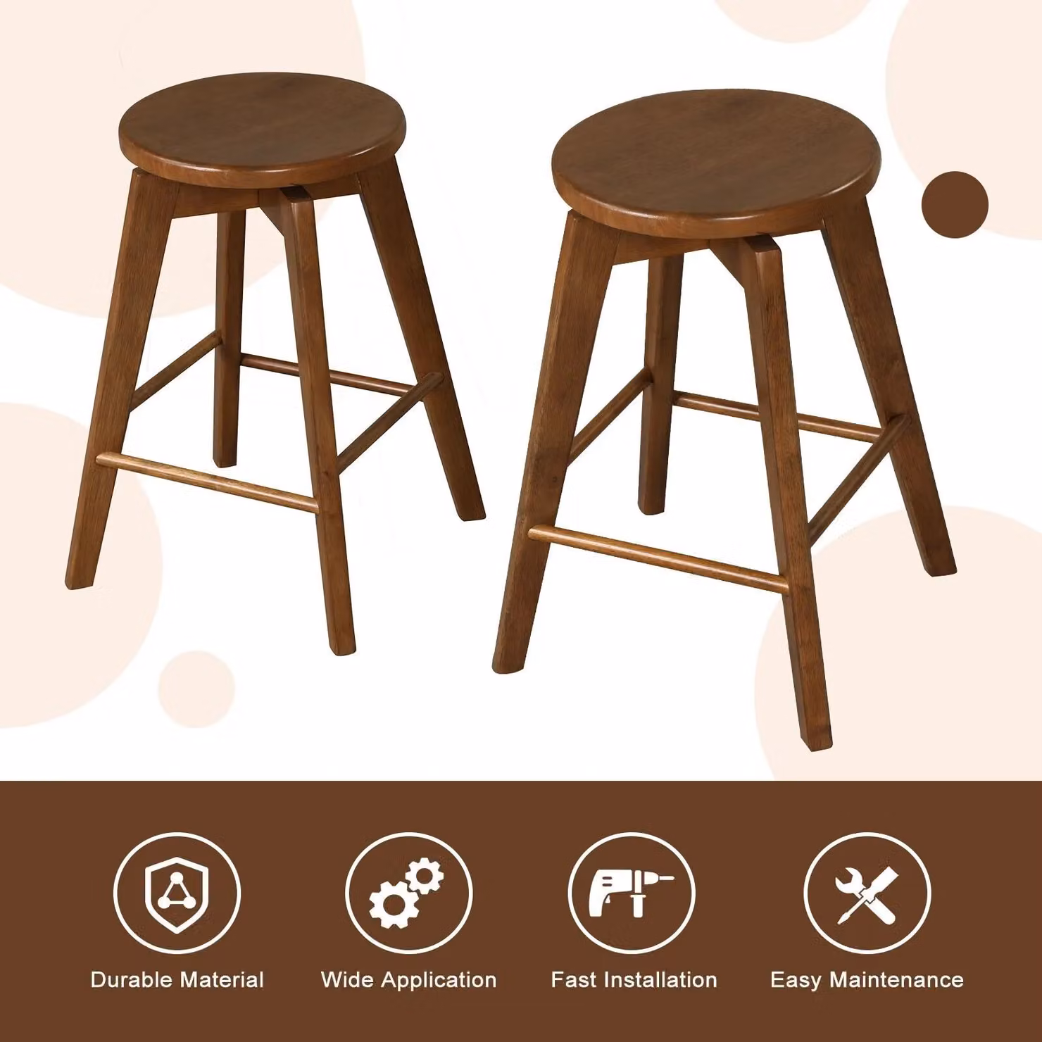 Costway Set of 2 Brown Rubberwood Bar Stools with 360 Swivel and Backless Design – 5