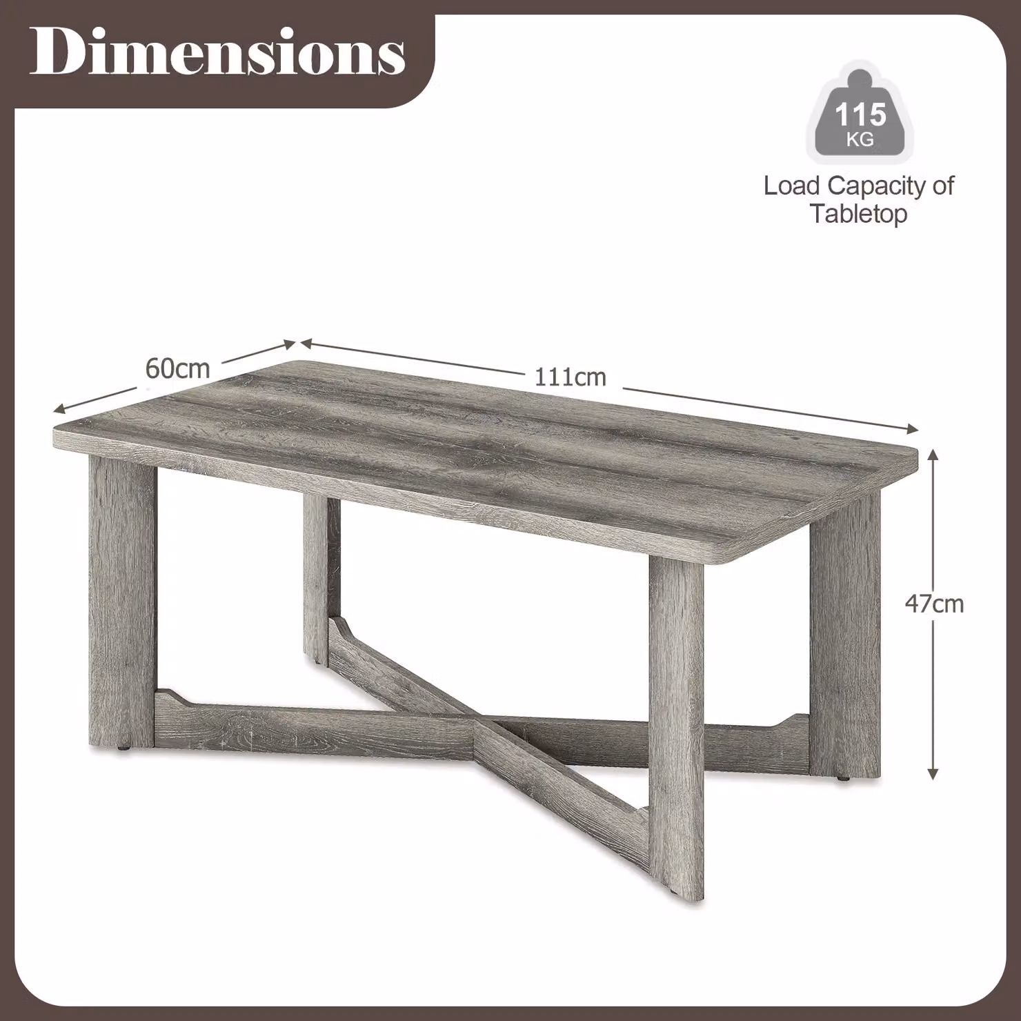 Costway Rectangular Coffee Table in Grey with Rustic Rubberwood Finish – 7