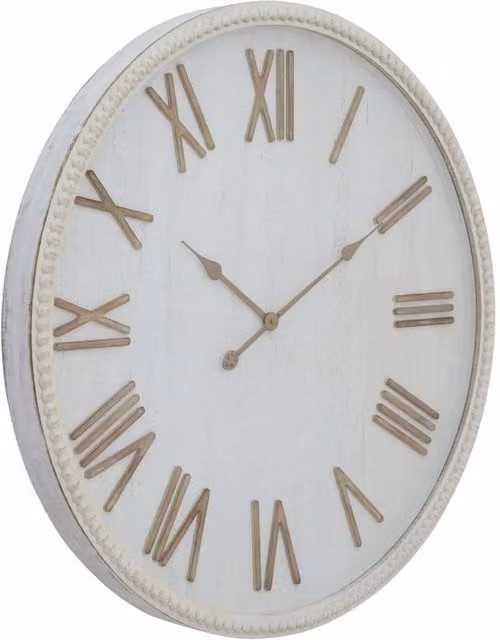 KDMD Large Round Analog Wall Clock with Rustic White Beaded Wood Frame
