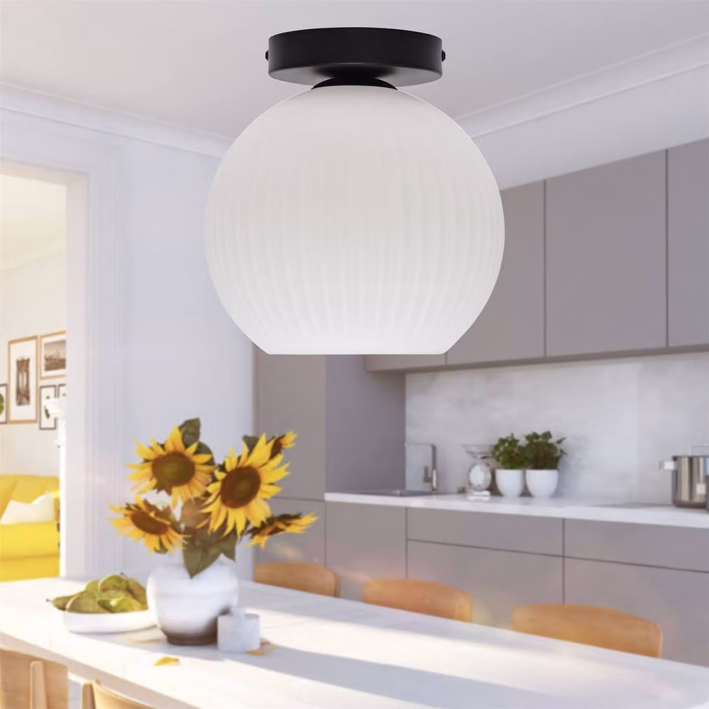 First Choice Lighting Betchley Set of 2 Black and White Ribbed Glass Cylinder Ceiling Light Fittings – 3