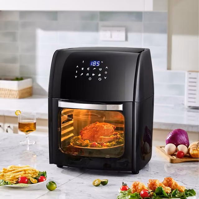 Komore 12L Digital Air Fryer with Rotisserie Basket and Glass Components, Black