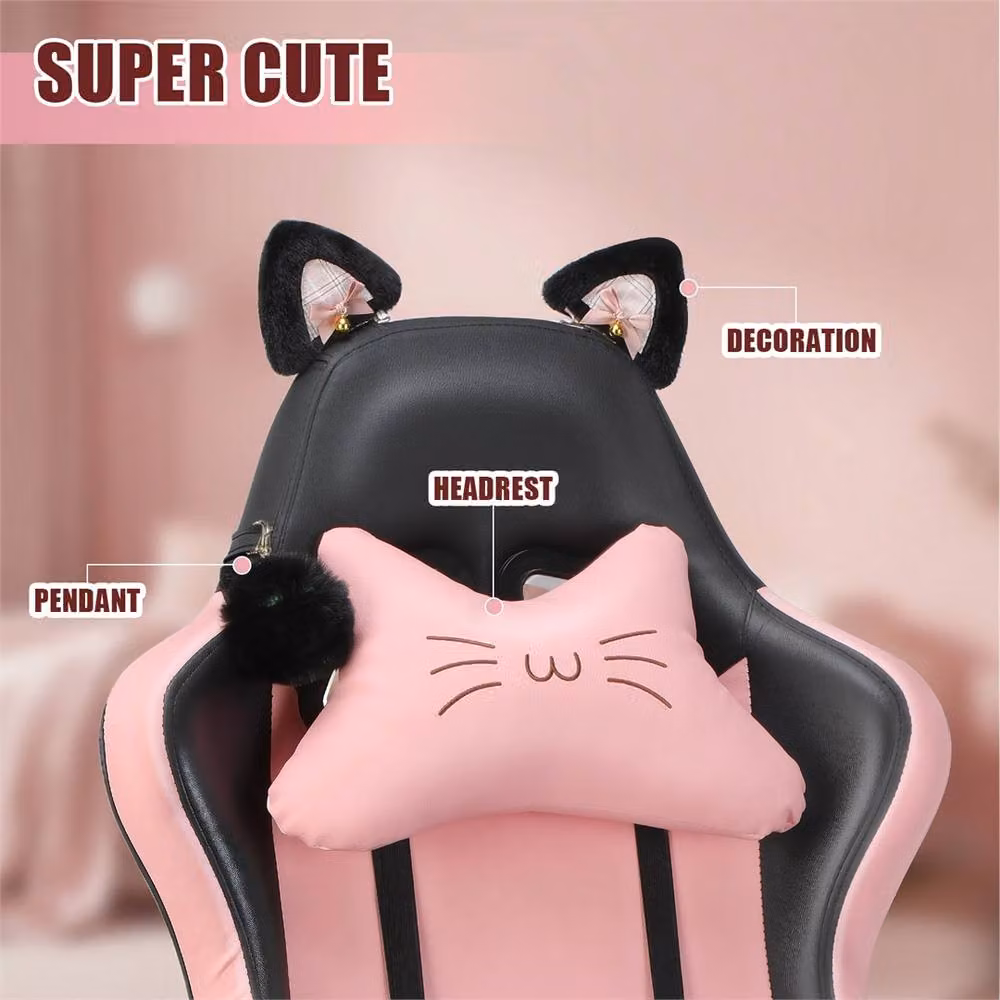 NESTLUNE Pink and Black Gaming Chair with Cat Ears, Height Adjustable Synthetic Leather Chair with Headrest and Armrests, W/D/H: 100 x 100 x 100 cm – 5