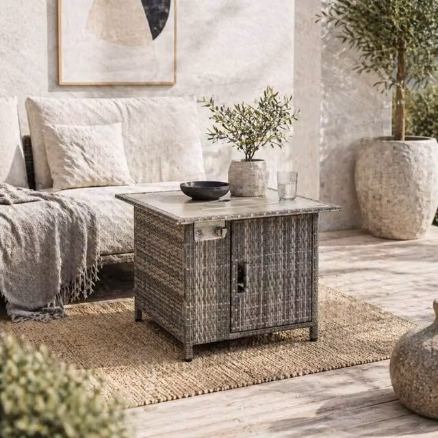 Wyld Haus Hara Luri Grey Rattan Square Outdoor Gas Fire Pit Table W/D/H: 71 x 71 x 62 cm