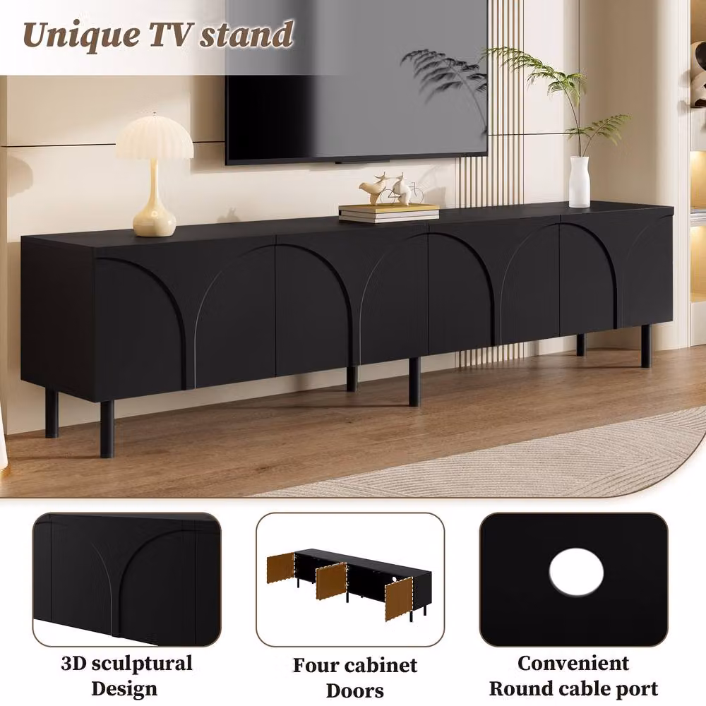 Merax Black Arched 4 Door TV Unit Lowboard with Metal Legs W: 180 cm, D: 35 cm, H: 49 cm – 3