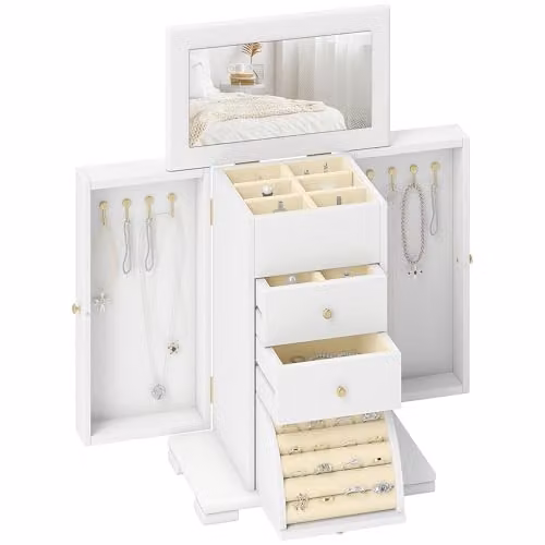 HOMCOM 4-Tier Large Jewellery Box Organiser in White and Gold Wood