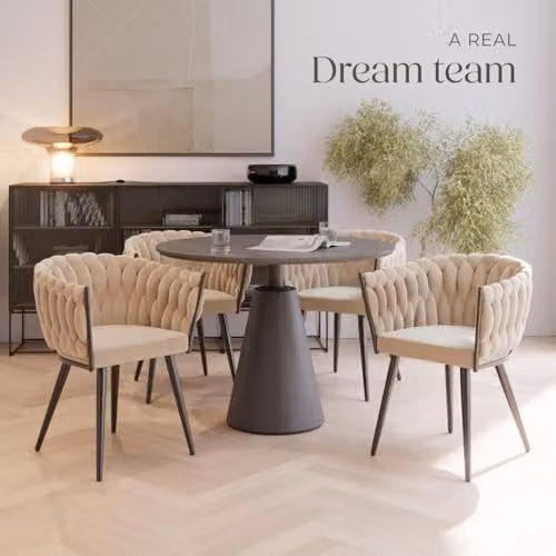 tectake Set of 4 Astano Dining Chairs with Velvet Fabric and Knot Design in Sand and Black – 2