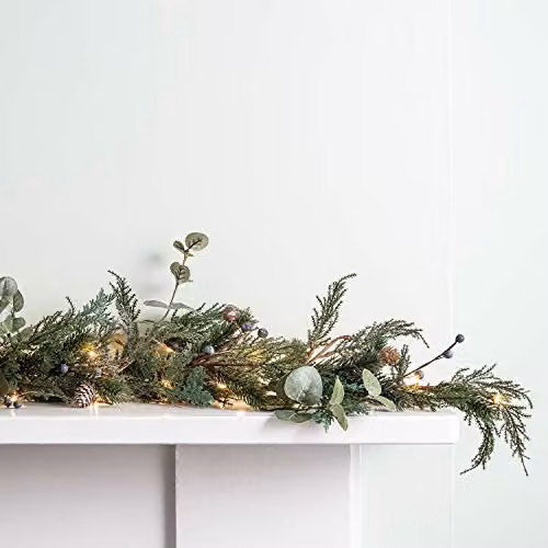 Lights4fun Pre Lit Berry and Pinecone Artificial Christmas Garland Decoration with White Micro LED Fairy Lights, Green and White – 2