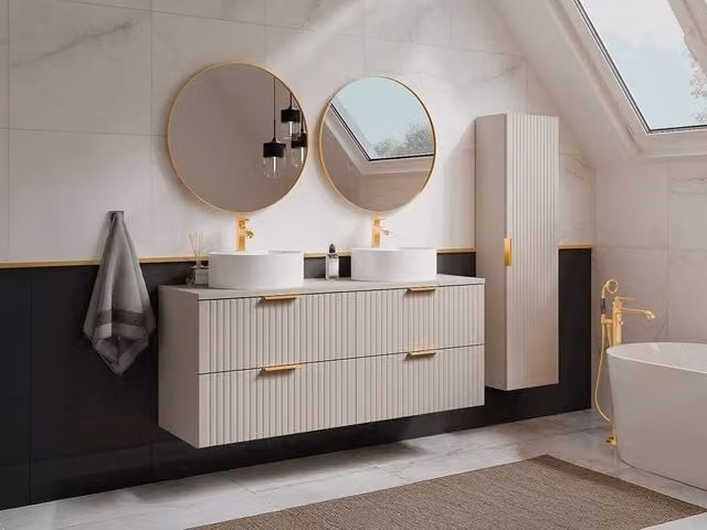 Vente-unique Suspended Striped Bathroom Vanity Unit with Round Ceramic Basin in Beige – 1