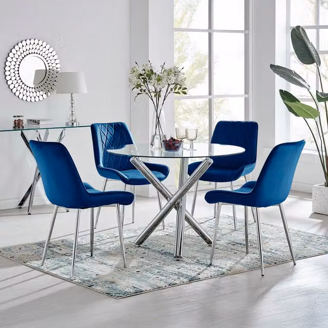 FurnitureboxUK Selina Round Glass Dining Table with Four Pesaro Silver Leg Chairs in Blue and Silver – 1