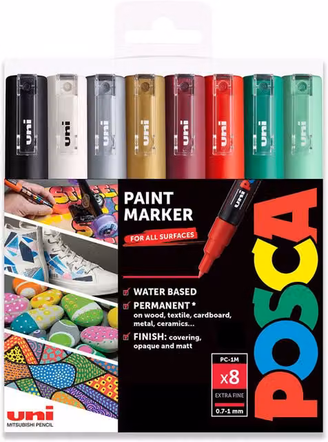 POSCA PC-1M Paint Marker Art Pen Set with 8 Multicolour Bullet Tip Permanent Pigment Markers