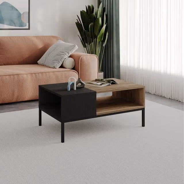 Decortie Modern Rectangular Coffee Table with Dual Storage in Natural Oak and Black Wood