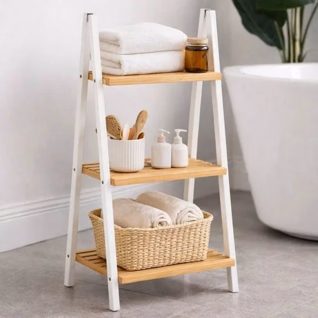 EONLION 3 Tier Bamboo Bathroom Ladder Shelf in Brown – 1