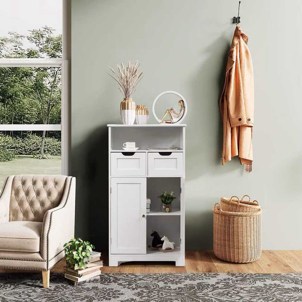 Costway White Wooden Freestanding Bathroom and Kitchen Floor Cabinet with Hinged Doors and Internal Shelves – 4