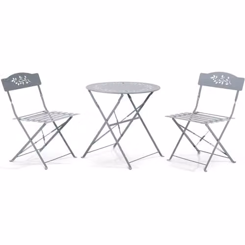 Gr8 Garden 3 Piece Grey Metal Bistro Furniture Set with Round Folding Table and 2 Folding Chairs featuring Floral Design – 2