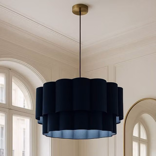 CGC Lighting Selina Scalloped Two Tier Navy Blue Fabric Drum Lampshade, Width: 48 cm, Height: 26 cm