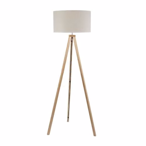 ValueLights Barbro Wood Tripod Floor Lamp with White Fabric Cylinder Shade – 1
