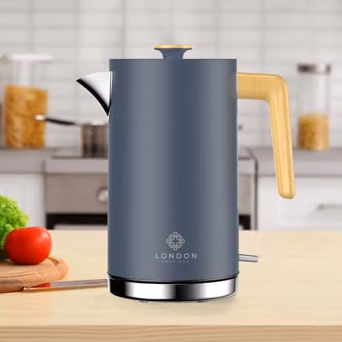 London Boutique Grey Stainless Steel Electric Kettle with Wood Effect, Cordless Fast Boil and Anti-Scale Filter – 1