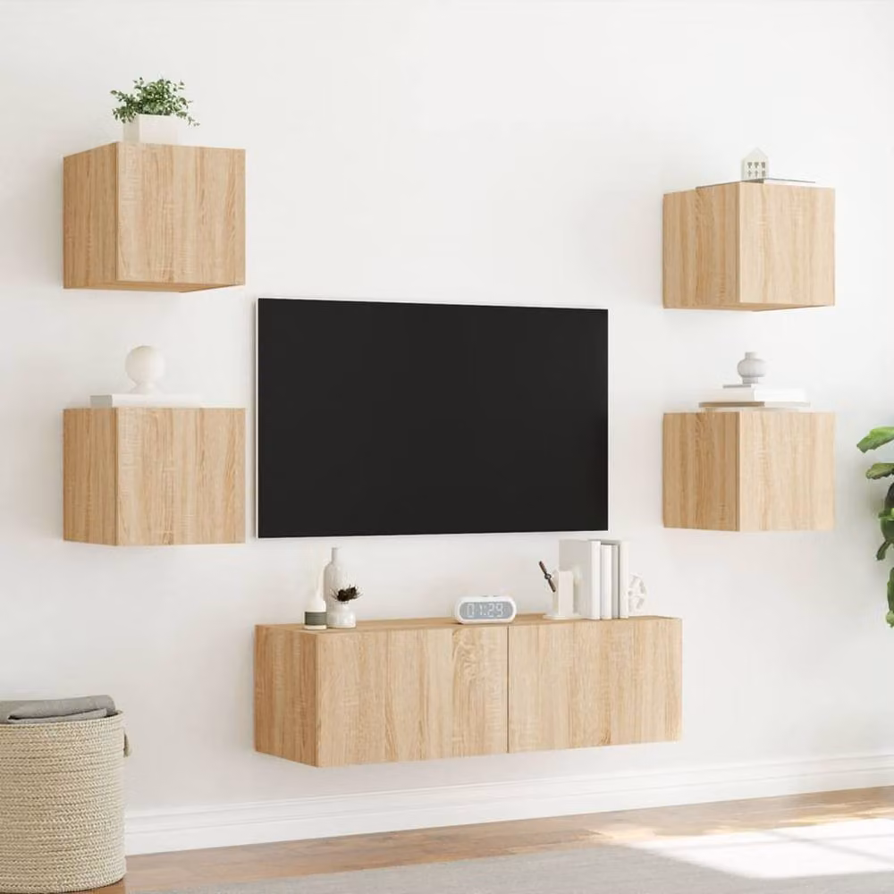 Berkfield Home 5 Piece Modern Wall Mounted TV Cabinet Set with LED Lighting in Sonoma Oak and Light Tan – 3