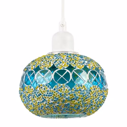 Happy Homewares Glass Globe Mosaic Sphere Ceiling Pendant Lighting Shade in Petrol and Yellow, W/D/H: 15 x 15 x 11 cm