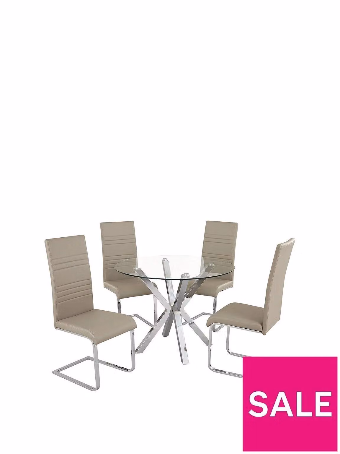 Chopstick Round Glass Dining Table and 4 Chairs in Clear and Grey
