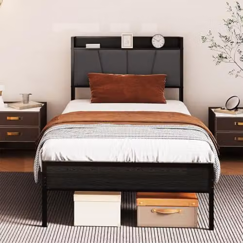 Levede Black Upholstered Single Bed Frame with Side Compartments and Headboard W/D/H: 90 x 190 x 98 cm – 6