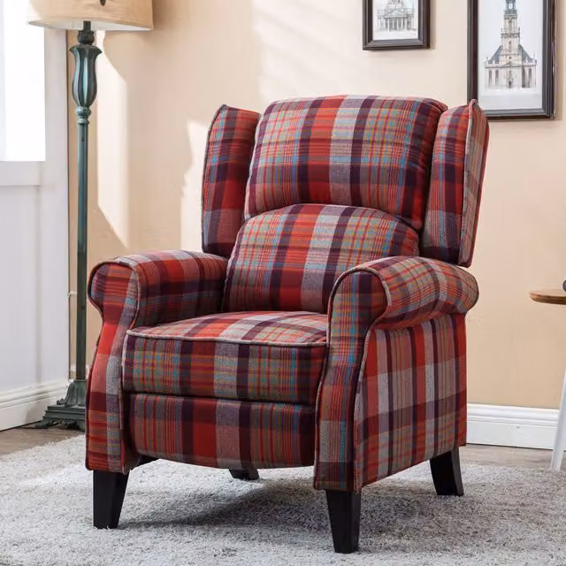 More4Homes Eaton Wing Back Checked Fabric Pushback Recliner Armchair in Red – 4