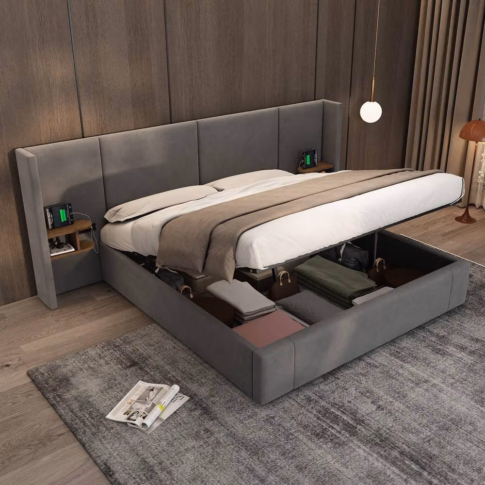 Merax Super King Grey Velvet Upholstered Ottoman Bed with USB Winged Headboard and Nightstands – 2