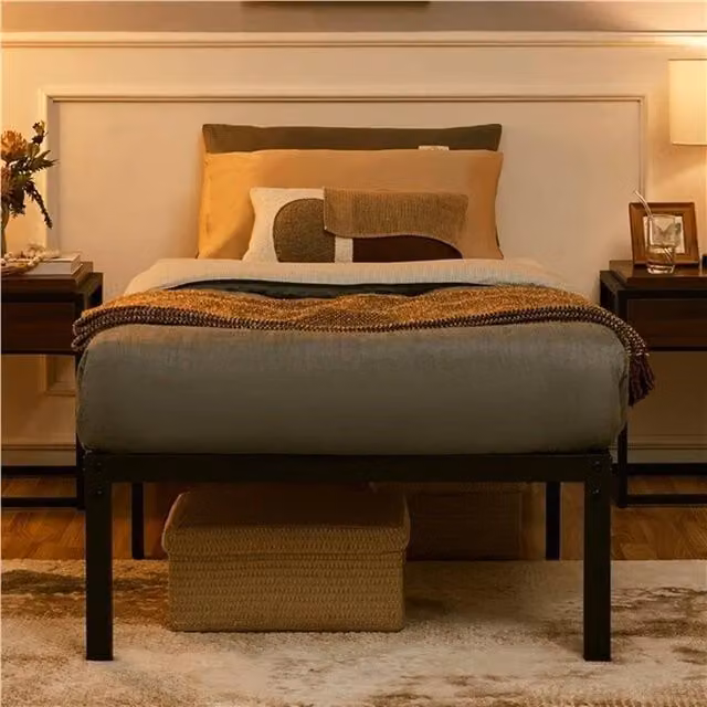 NESTLUNE Black Metal Platform Bed Frame with Non-slip Mattress, Cot Size, W/D/H: 90 x 190 cm