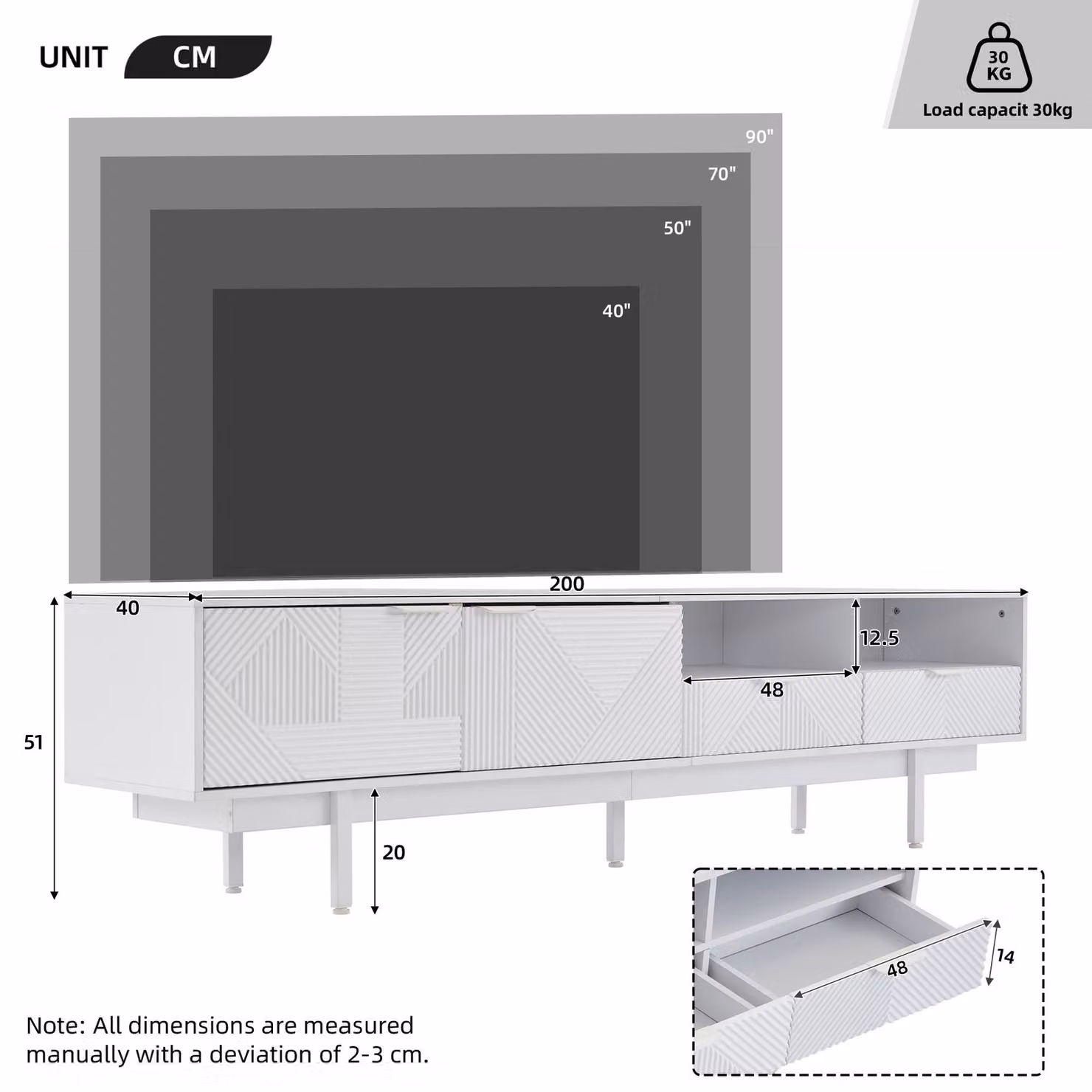 Aosom UK Elegant Bohemian White TV Entertainment Center with Cabinet and Drawers, W: 200 cm, D: 40 cm, H: 51 cm – 2