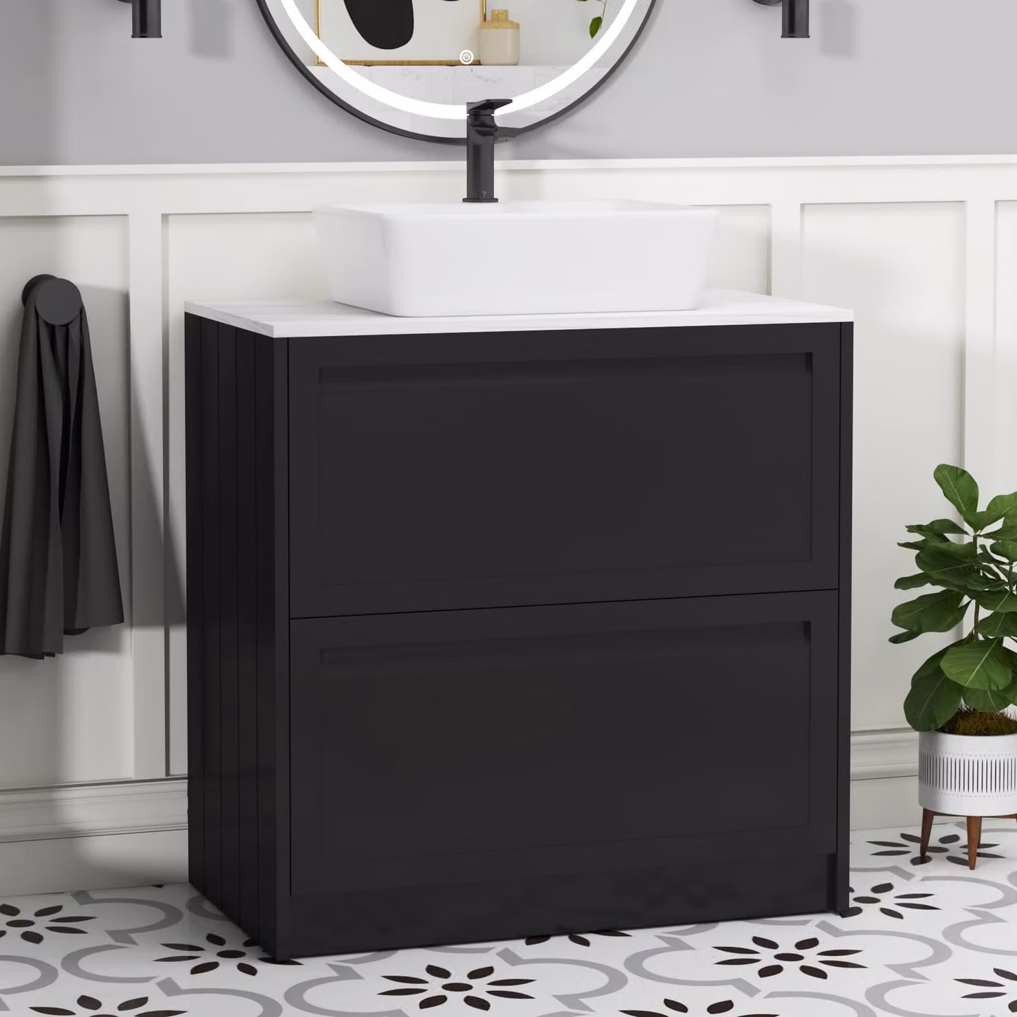 Royal Bathrooms Elmore 800mm Matt Nocturne Black Floor Standing Countertop Vanity Unit with 2 Drawers and Cube Basin