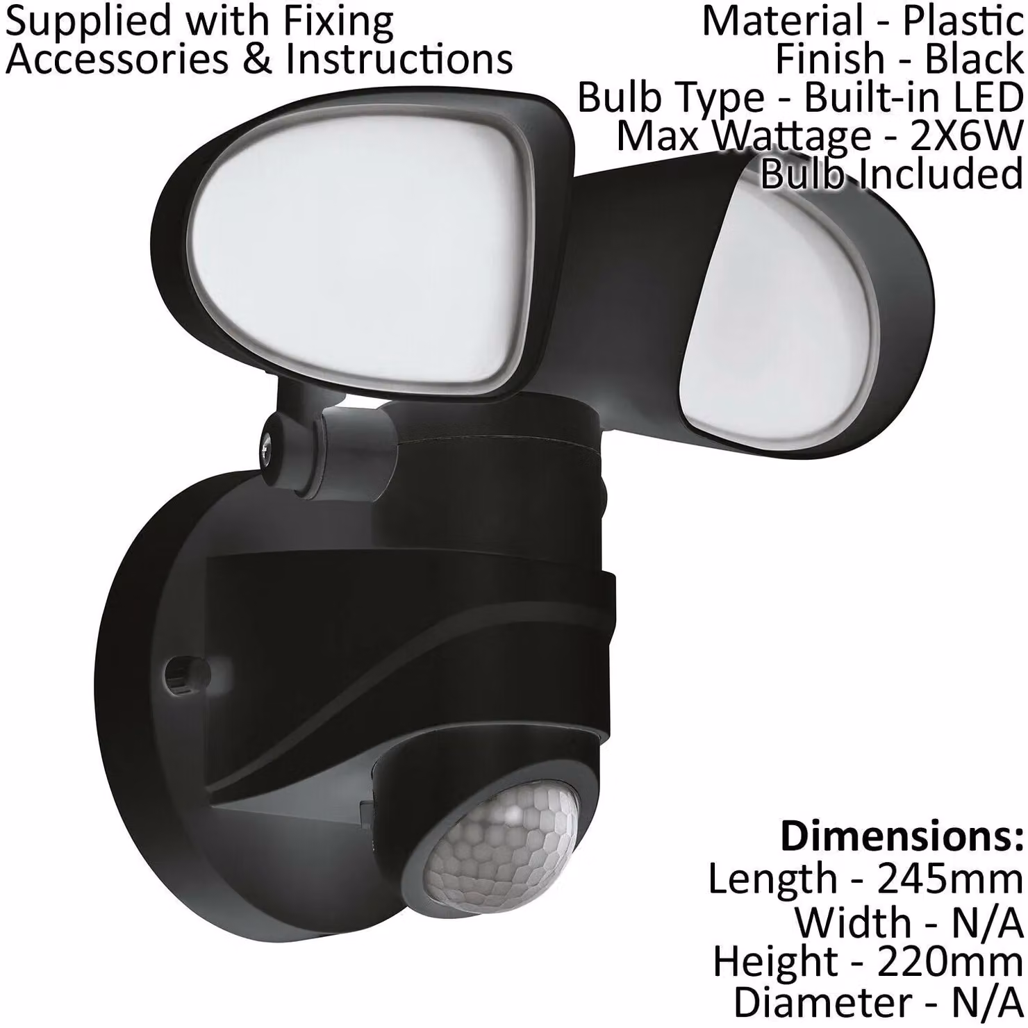 Loops Black Plastic IP44 Outdoor Wall Light with PIR Motion Sensor and Built-in 6W LED Lamp – 2